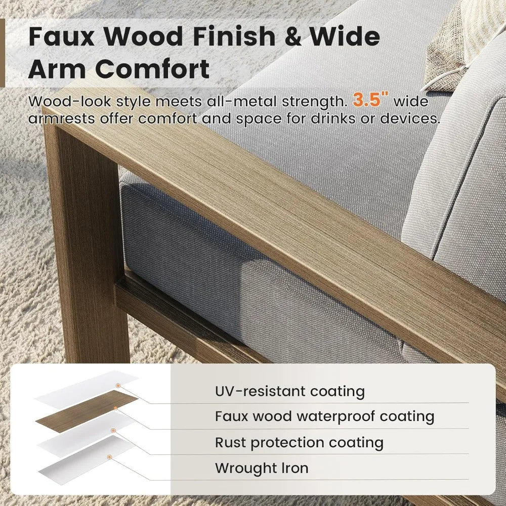 ZHUXIANG Outdoor Patio Furniture Set Faux Wood Metal Sectional Sofa With Olefin Cushions And Coffee Table