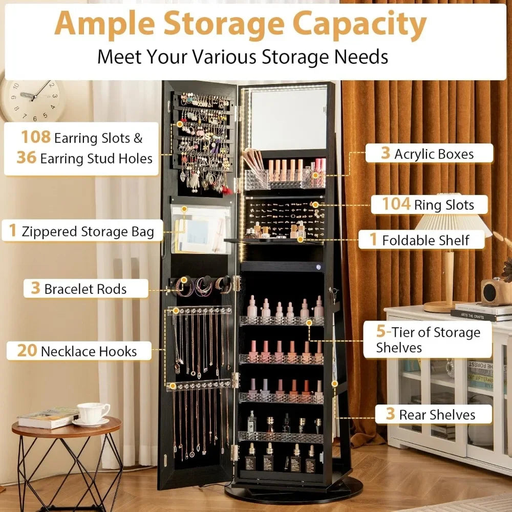 360 Degree Swivel Jewelry Cabinet Armoire With Mirror