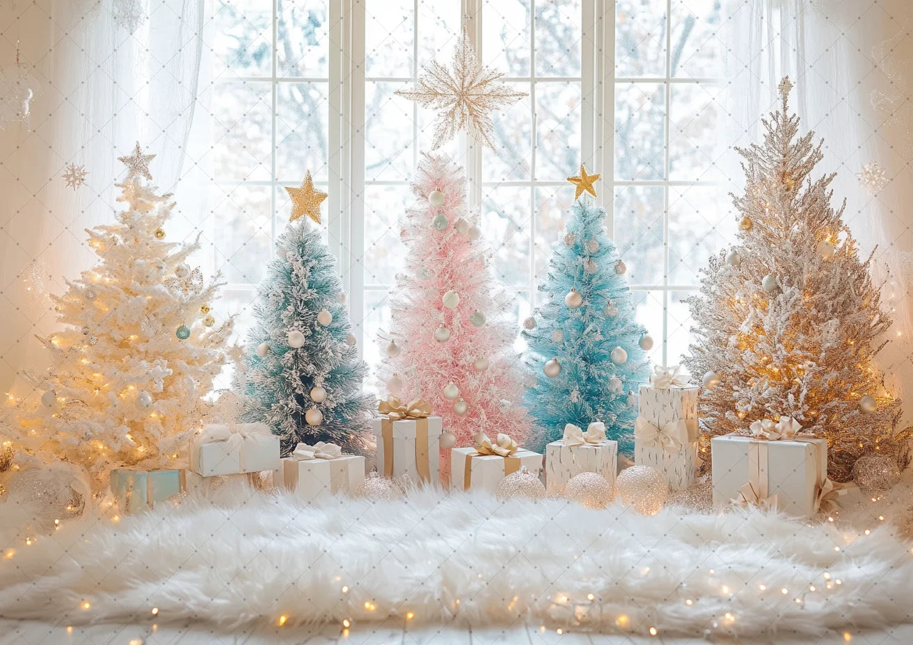 Photography Backdrop Christmas Trees Stars Newborn Birthday Portrait Window Tulle Curtains Gift Decor Photo Background