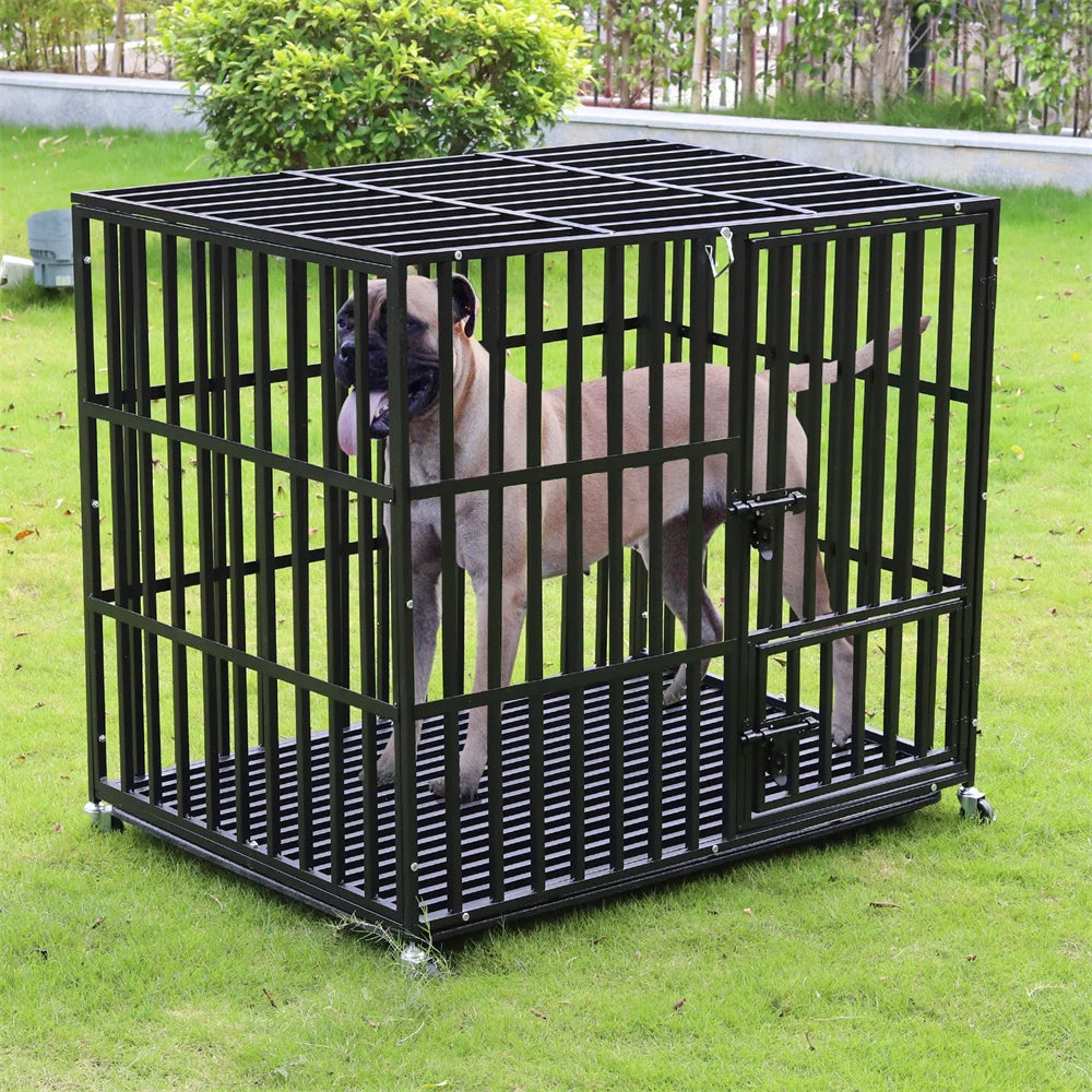 BORWARTH Iron Heavy Duty Dog Crate with Lockable Wheels Tray