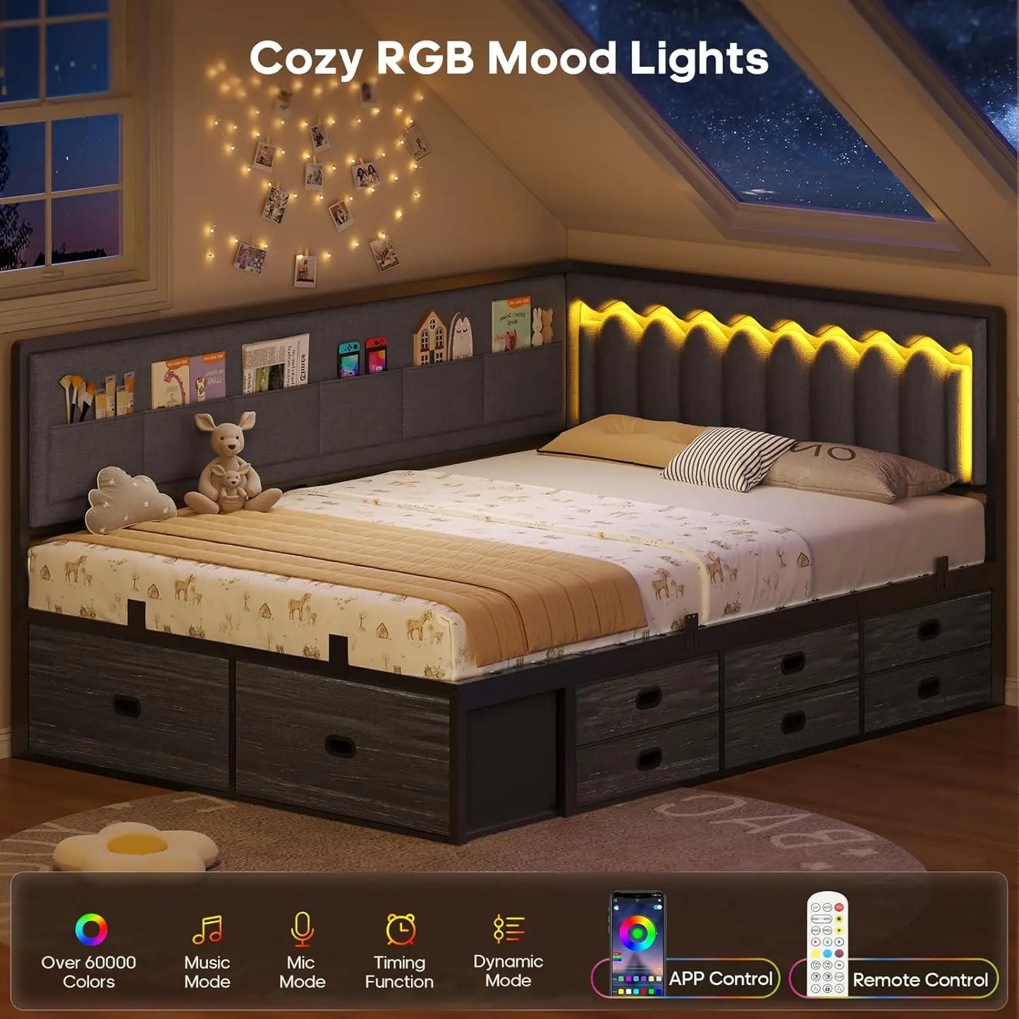 Full Corner Bed Frame with 8 Drawers, 6 Storage Pockets, Full Daybed with Storage and RGB Wave Lights, Platform Bed with L-Shape