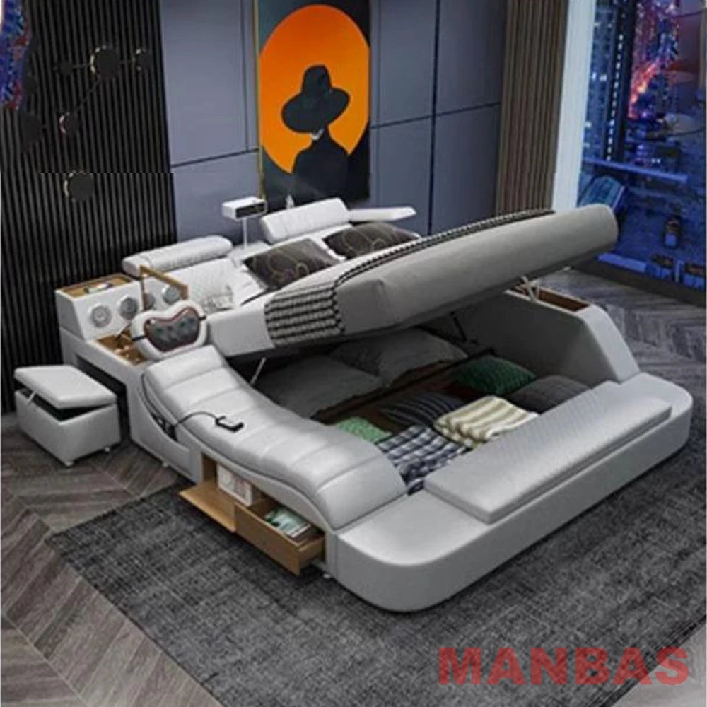 King/Queen Size Genuine Leather Bed, Modern Tech Smart Bed with Projector,USB, Speaker, Luxury Multifunction Bed, All In One Bed