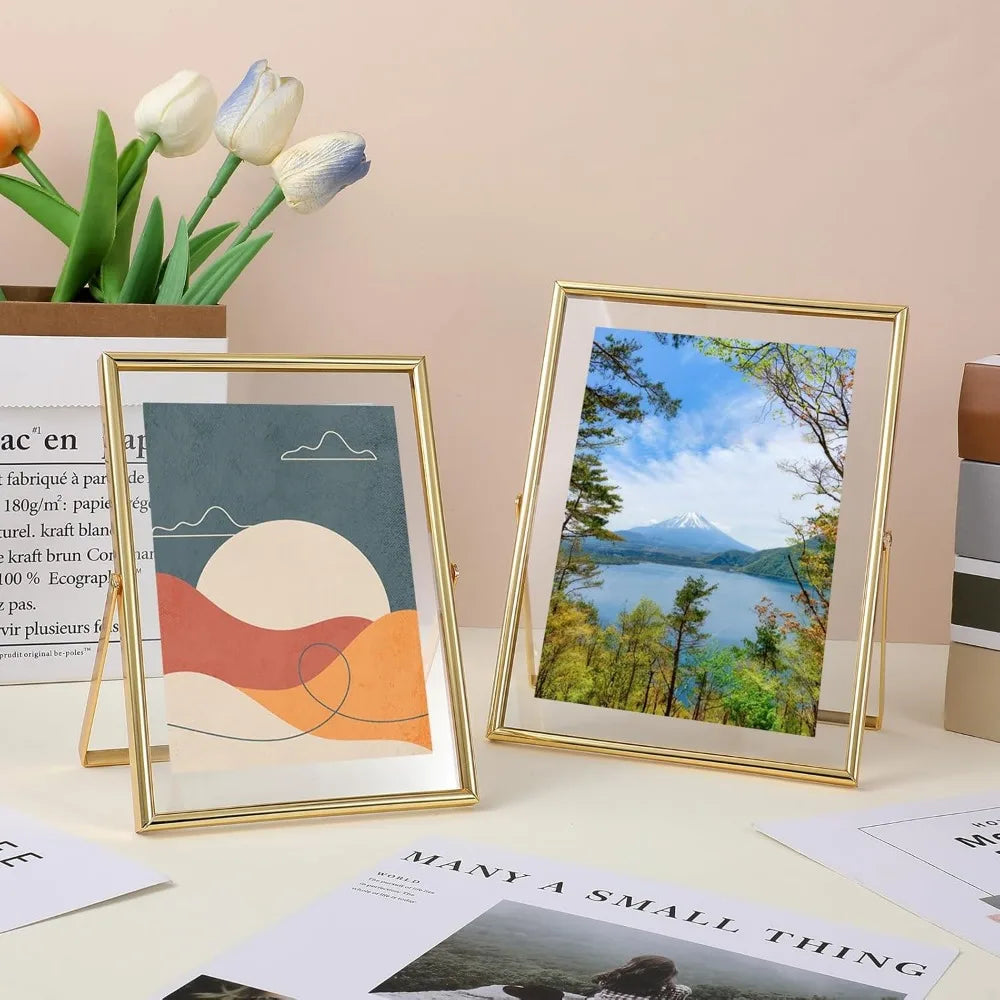 2 Pack Gold Frame Floating Picture Frame, Tempered Glass Frame, for Tabletop Display, Gold Metal Display Frames, for Multi Size