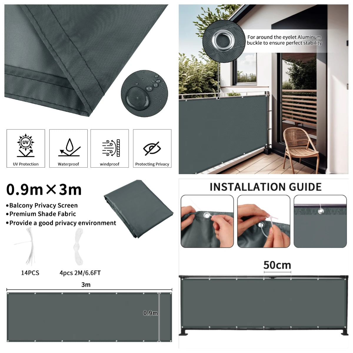Balcony Privacy Screen Patio Fence Screen for Balcony Cover Waterproof Garden Sunshade Cloth with Grommets UV Protection Shelter