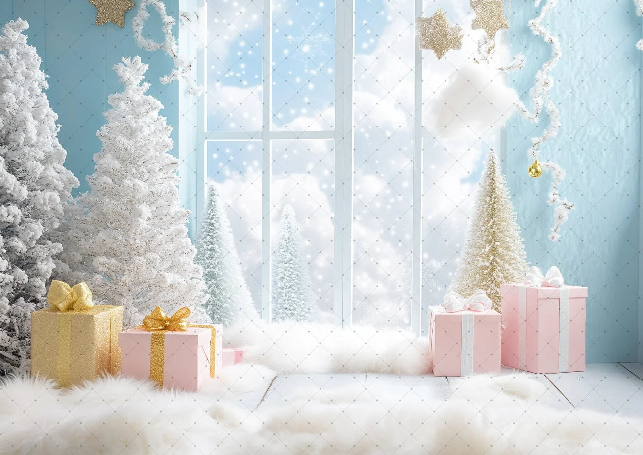 Photography Backdrop Christmas Trees Stars Newborn Birthday Portrait Window Tulle Curtains Gift Decor Photo Background