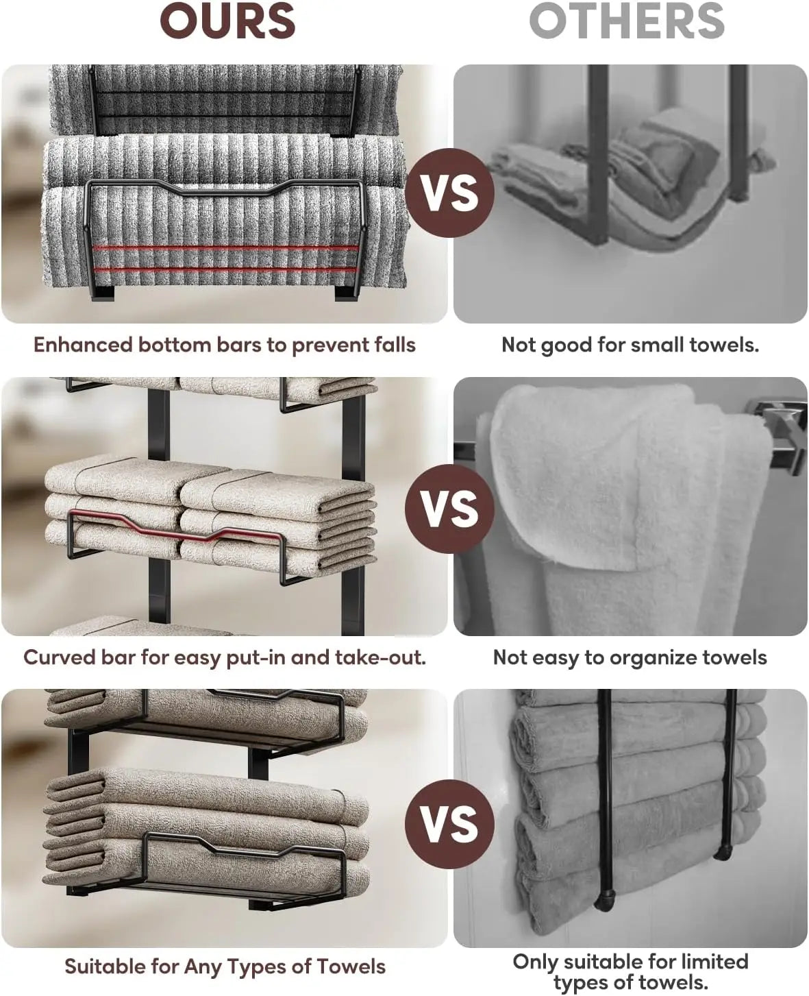 Hanging Towel Racks For Bathroom No Drill - 6-Tier Over The Door Bath Towel Storage Organizer For Small Bathrooms - Tiered Back