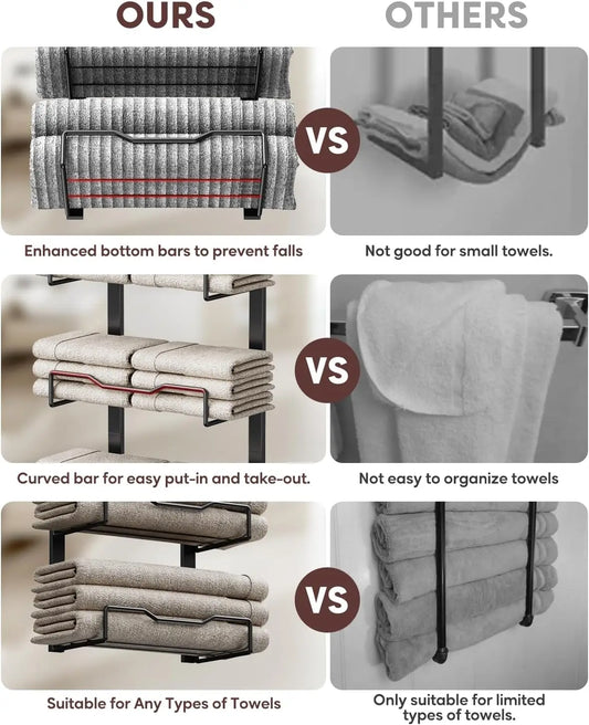Hanging Towel Racks For Bathroom No Drill - 6-Tier Over The Door Bath Towel Storage Organizer For Small Bathrooms - Tiered Back