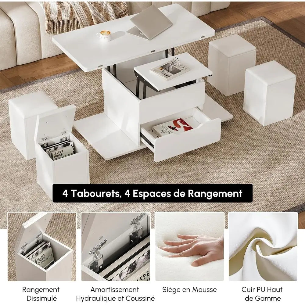 ZHUXIANG Lift Top Coffee Table With Storage And Stool Set