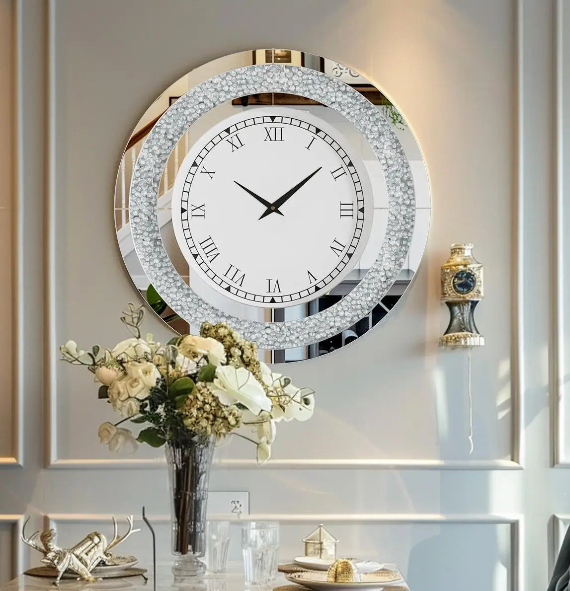 Glam Sparkle Bling Silver Round Mirror Wall Clock Decor