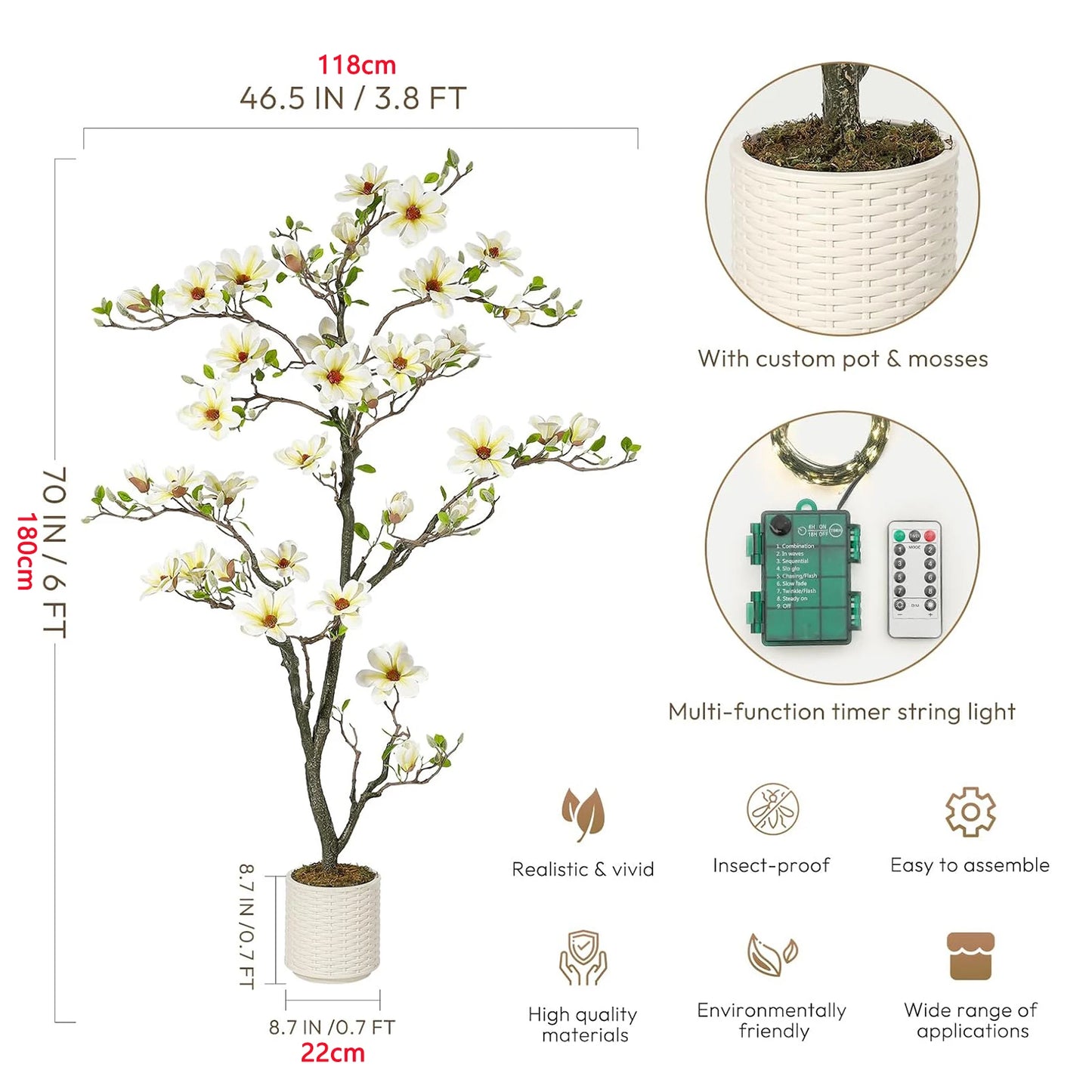Artificial Magnolia Plant With LED Light For Outdoor Decor