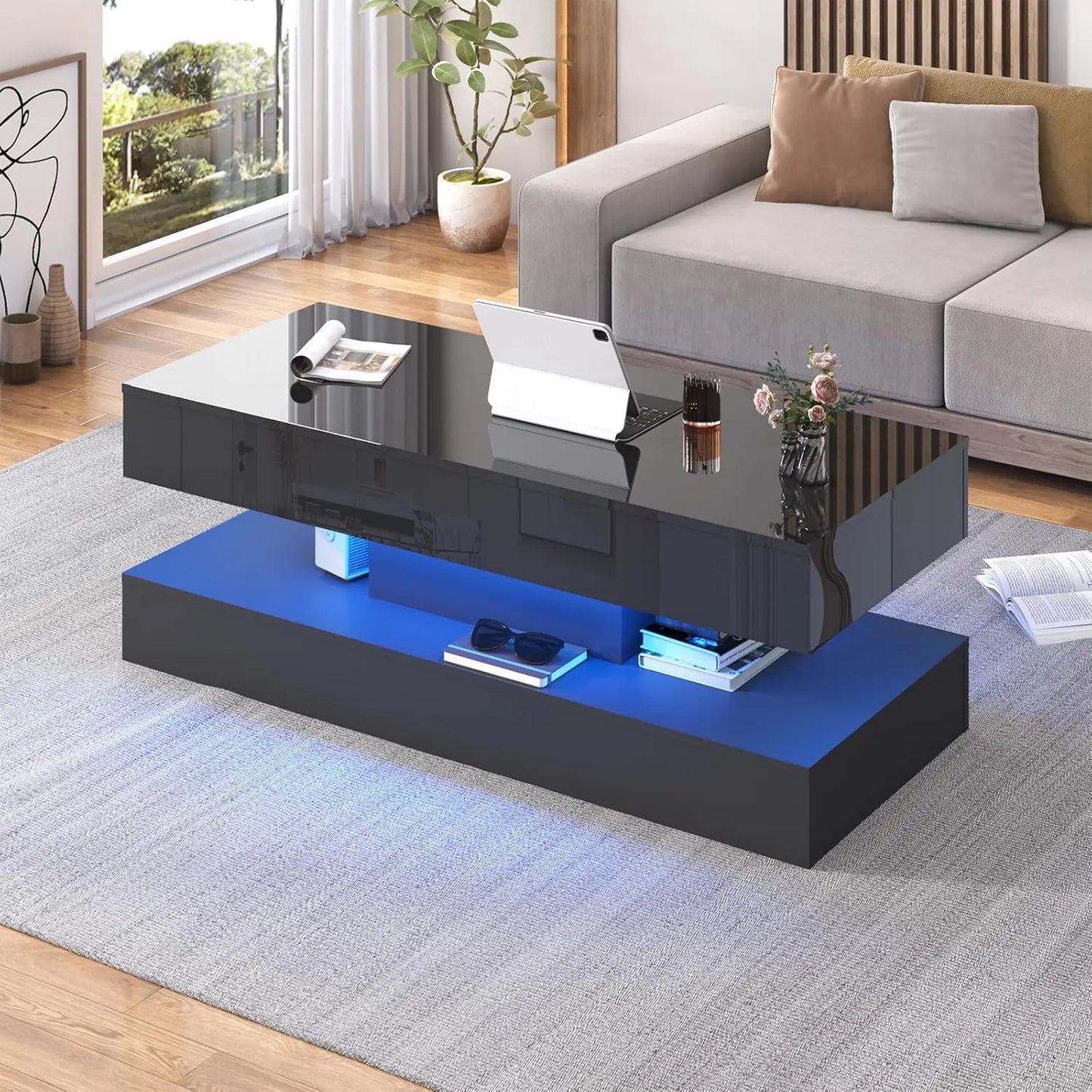 Modern LED Coffee Table With Dual Layer And 2 Drawers