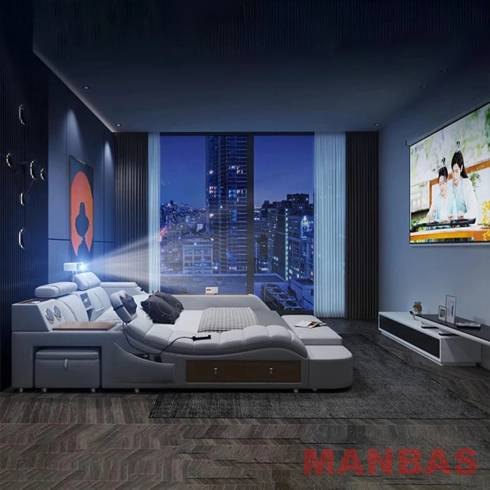 King/Queen Size Genuine Leather Bed, Modern Tech Smart Bed with Projector,USB, Speaker, Luxury Multifunction Bed, All In One Bed