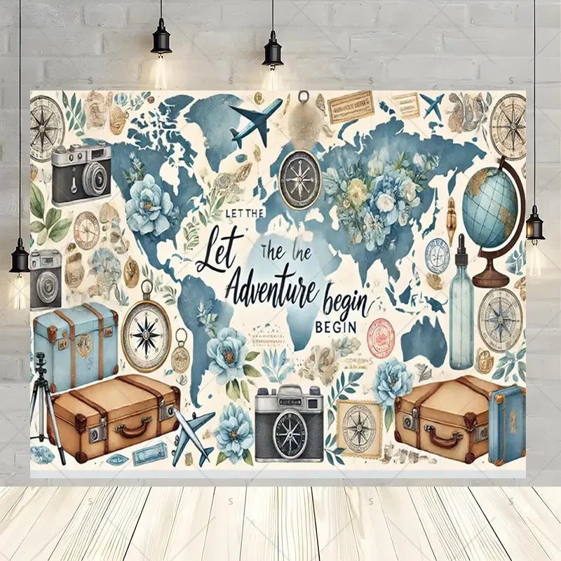 Let The Adventure Begin World Airplane Graduation Backdrop