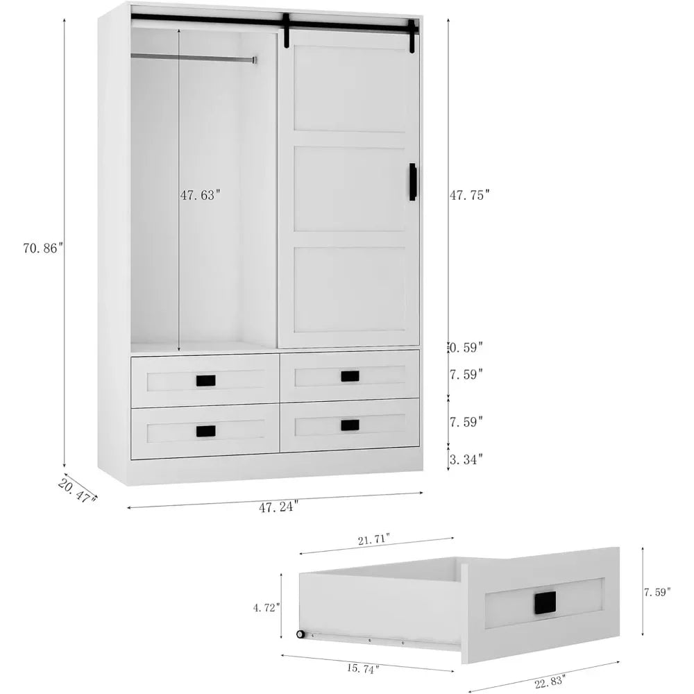 Freestanding Wooden Armoire Wardrobe With Sliding Barn Door And Drawers
