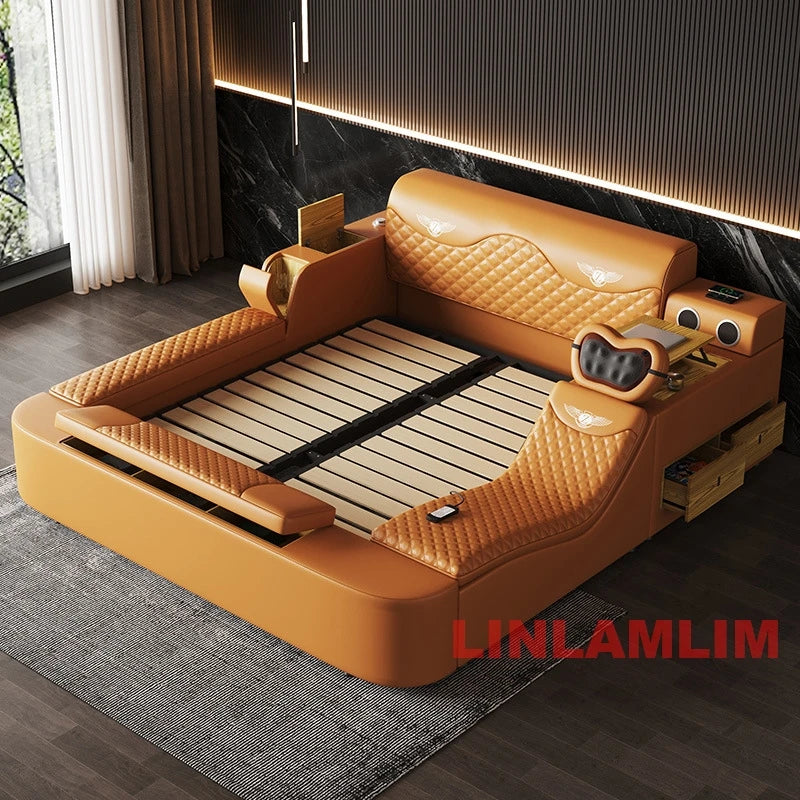 All In One Bed, Luxury Upholstered Platform Bed Frame with Storage, Speaker,LED Light & USB, Genuine Leather Bed King/Queen Size