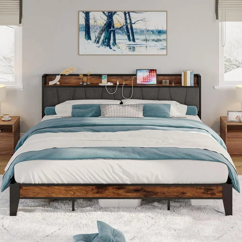California King Bed Frames, Storage Headboard with Charging Station, Solid and Stable, Noise Free, No Box Spring Needed, Easy As