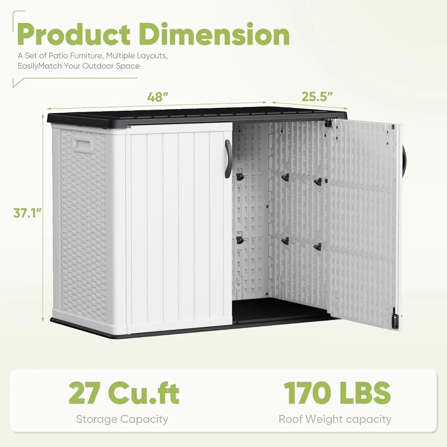 Outdoor Storage Cabinet 26 Cu Ft with Lockable Doors Waterproof Patio Tools Storage Box Horizontal Shed Customized