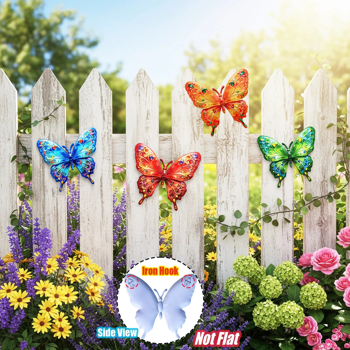 4PCS Vibrant Metal Butterfly Wall Art Decor, Rust-Resistant Outdoor Sculpture with Tool-Free Hook for Garden, Yard, Patio, Fence