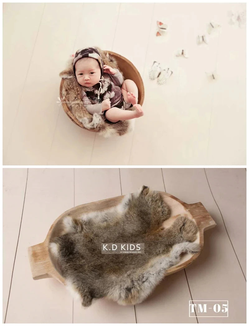 Newborn Photography Props Natural Rabbit Fur Rug Baby Photo Blankets Studio Infant Posing Basket Filled Background Accessories