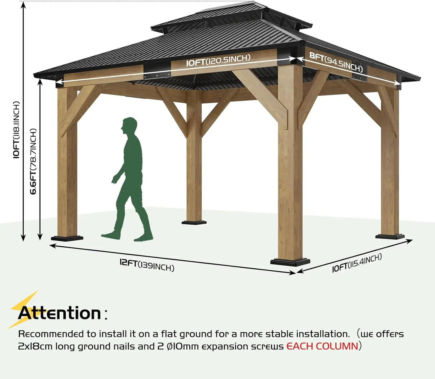 10x12 Wood Gazebo, Hardtop Gazebo with Spruce Frame and Double Metal Roof, Outdoor Pergola for Parties, Backyard, Patio, Lawns,