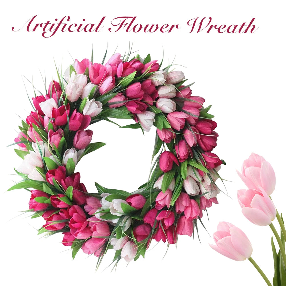 15.7inch Tulip Wreath for Front Door Spring Wreath Artificial Flower Wreath with Tulips for Wall Window Party Wedding Decor