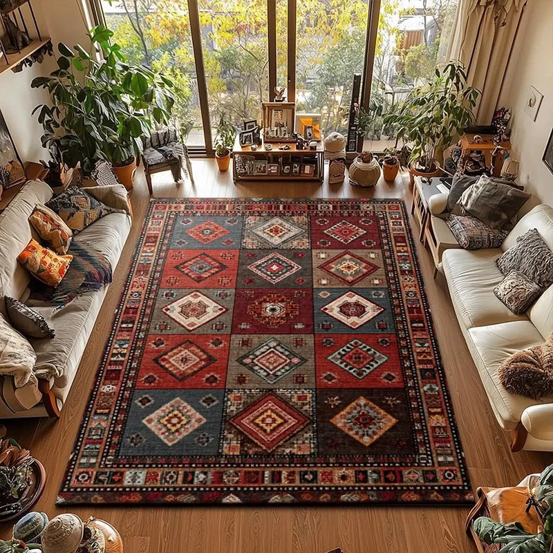 RAKKS Large Retro Red Ethnic Style Patchwork Carpet Area Rug Non-slip Living Room Decor Sofa Rug Bedroom Bedside Rug Floor Mat