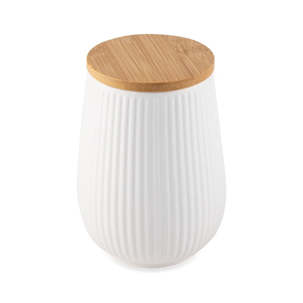 Ceramic Kitchen Canister With Bamboo Lid Airtight Seal Ribbed Design