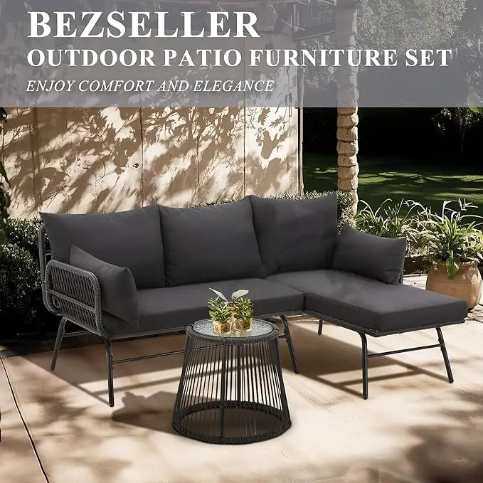 XIUWO Outdoor Patio Furniture Set L-Shaped Rattan Sofa With Table