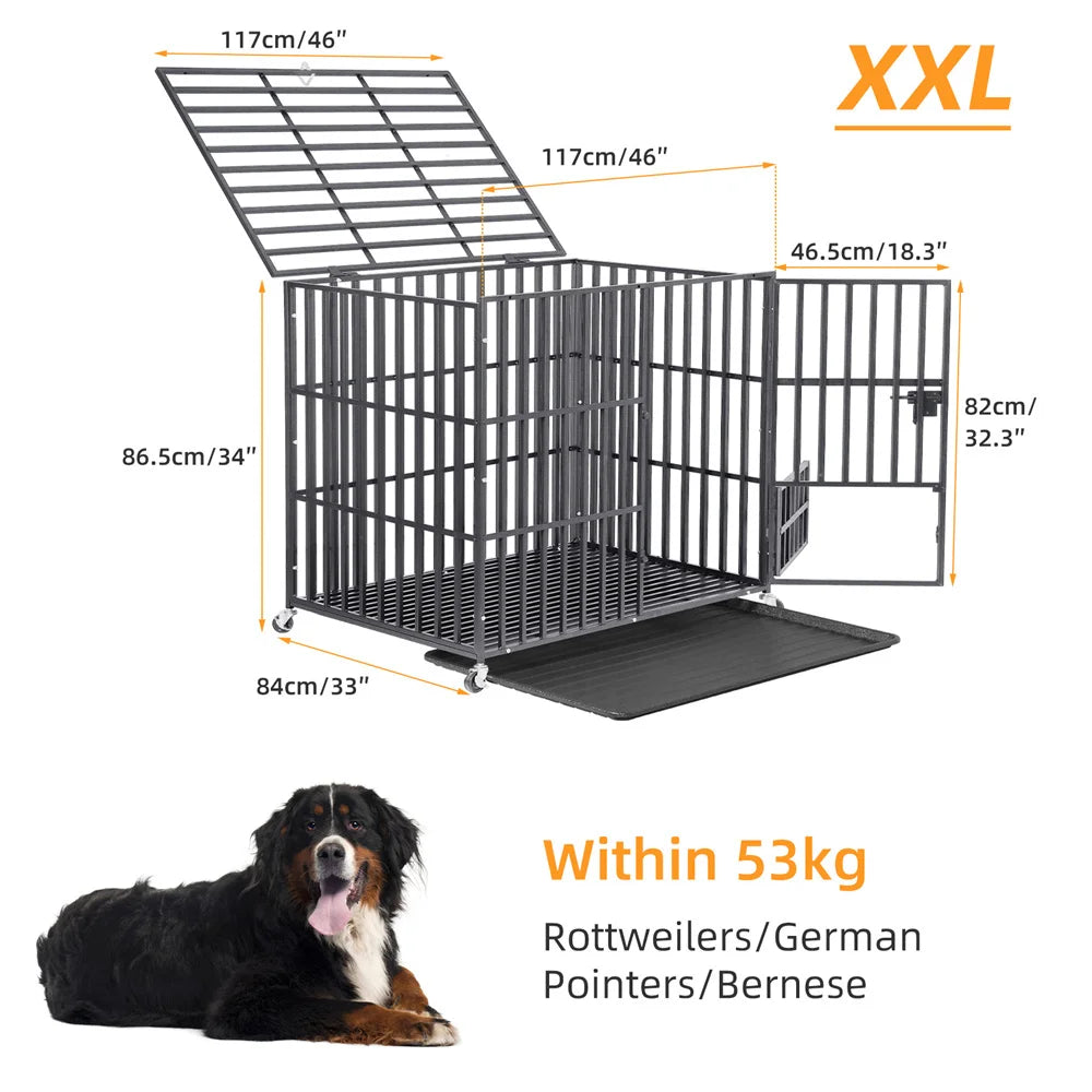 BORWARTH Heavy Duty Dog Crate Metal Kennel With Locking Wheels