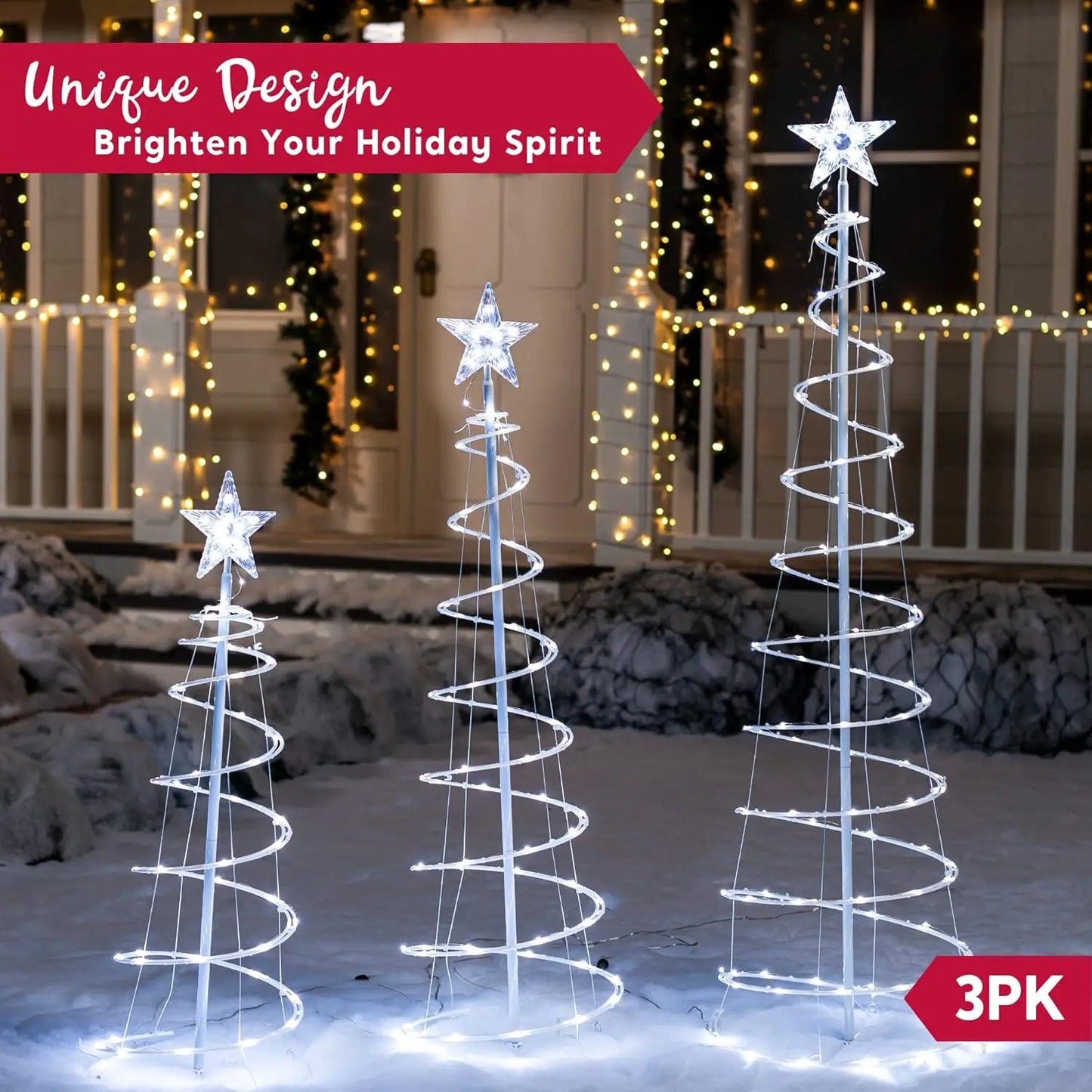 JOYFY 3 Pack Spiral Christmas Tree Light 218 LED Lighted Tree with Star Topper & Stakes for Christmas Decorations Xmas Eve Night