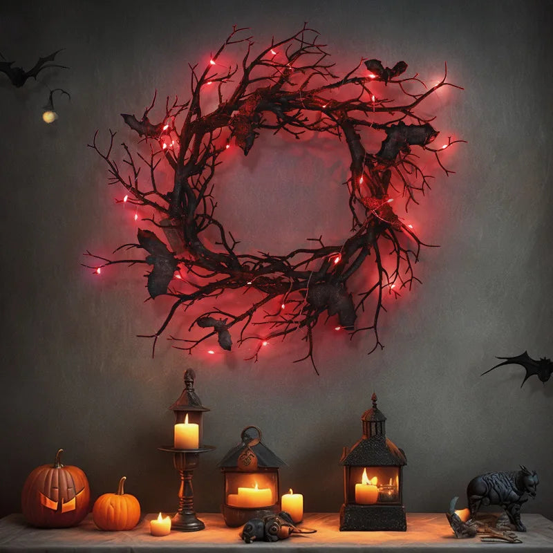 Halloween Wreath For Front Door Artificial Wreath Bat Black Branch Wreaths With LED Light Window Home Decor Halloween Decoration