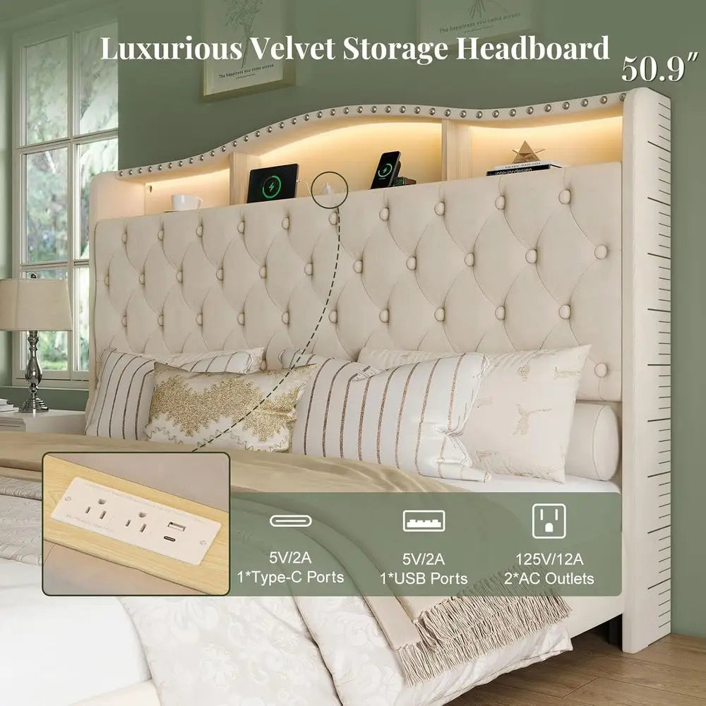 Velvet Wingback Bed Frame with LED Lights, Storage, and Charging Station - No Box Spring Needed,Customized