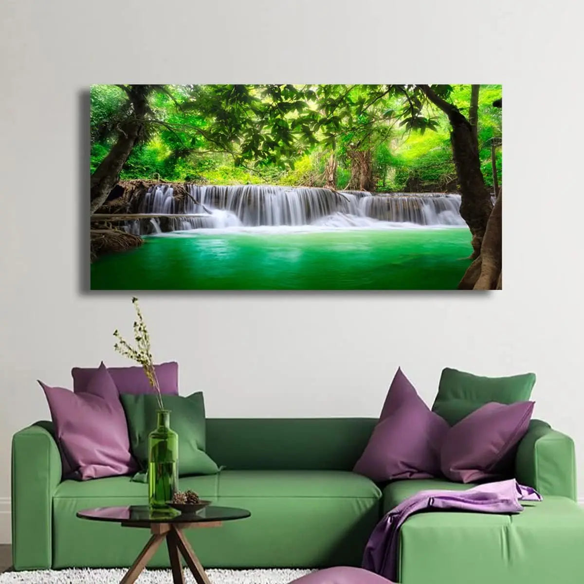 Waterfall Tree Landscape Canvas Wall Art, 50x100cm Framed Painting for Living Room Decor, Waterproof Ready to Hang