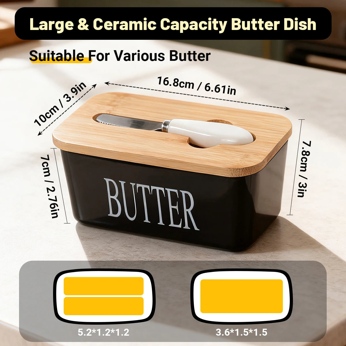 Ceramic Butter Dish With Bamboo Lid Built In Knife And Butter Keeper
