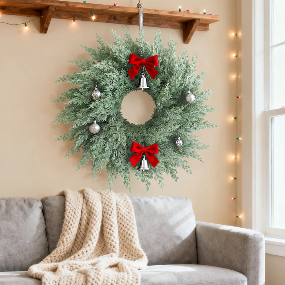 Large Real Touch Christmas Cedar Wreath Artificial Cedar Wreaths Fake Pine Needles Wreath for Door Wall Windows Home Xmas Decor