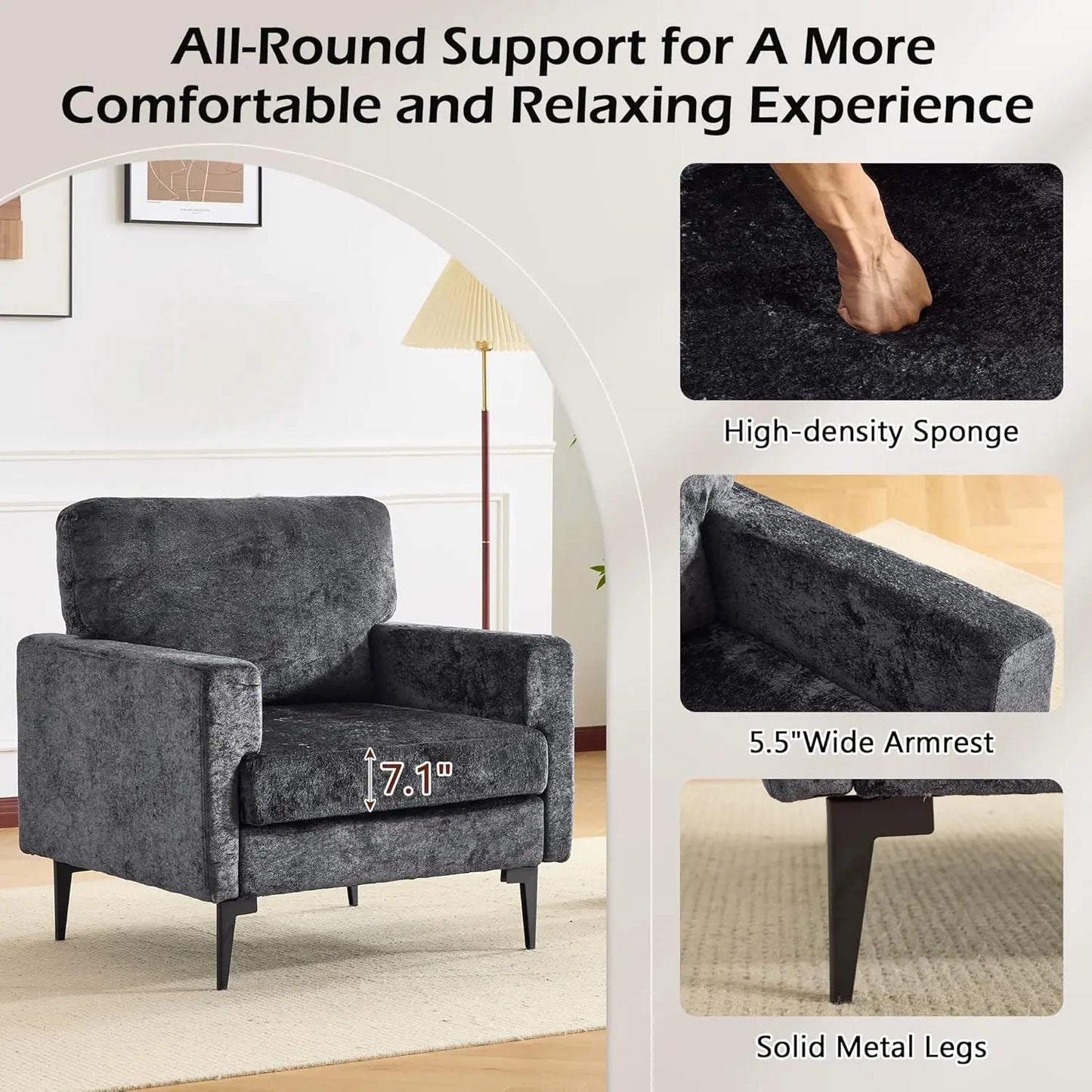 Oversized Chenille Accent Chair, Comfy Armchair for Living Room, Mid-Century Upholstered Reading Single Sofa Chair, Customized