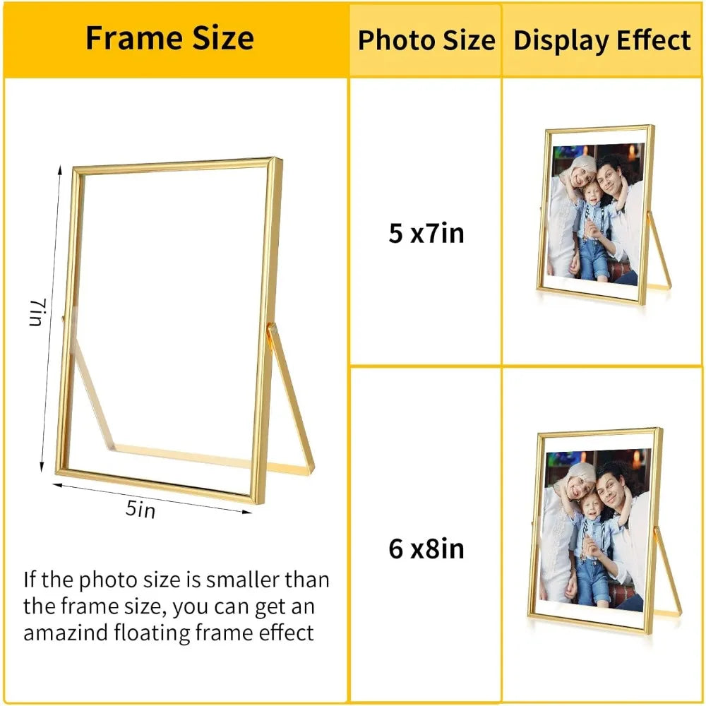 2 Pack Gold Frame Floating Picture Frame, Tempered Glass Frame, for Tabletop Display, Gold Metal Display Frames, for Multi Size
