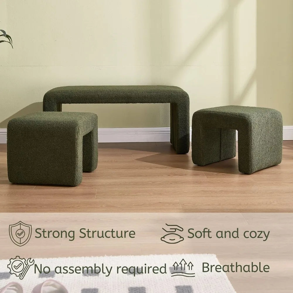 Three Piece Nesting Ottoman Bench Set Sherpa Upholstered