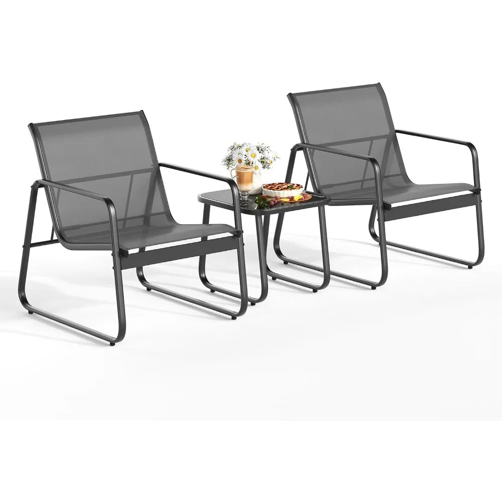 Patio Chairs Set of 2 with Metal Frame Glass Table