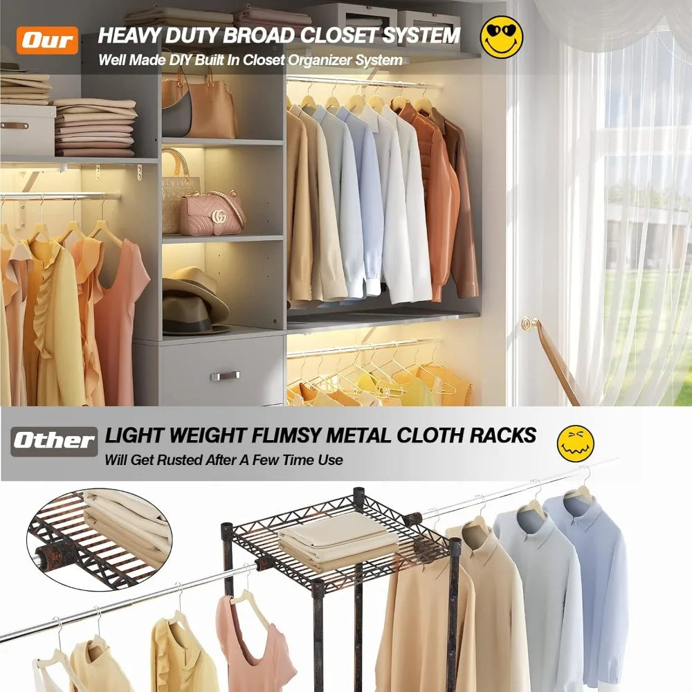 96 Inch Closet System With 3 Hanging Rods And Drawers