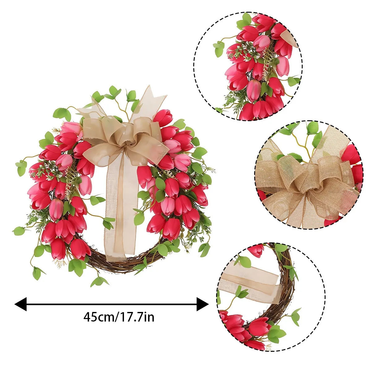 Valentine's Day Tulip Wreath for Front Door, 17.7 Inch Valentine Door Wreath Valentine's Wreaths Tulip Wreath with Red