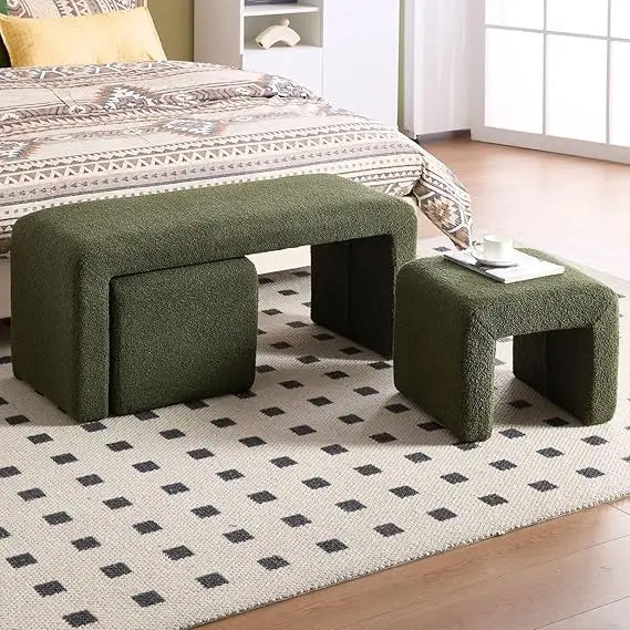 Three Piece Nesting Ottoman Bench Set Sherpa Upholstered