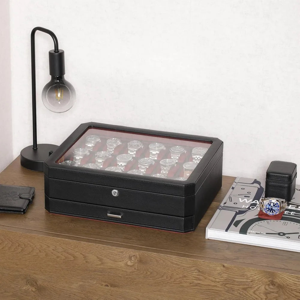 18-Slot Luxury Watch Box with Drawer, Real Glass Top, Lockable Display Case for Men's Collections (Black/Red)