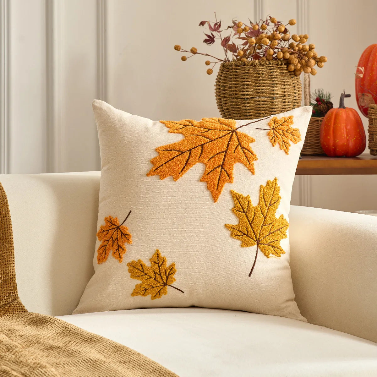 Halloween Tufted Throw Pillow Cover Thanksgiving Maple Pumpkin Square Cushion Cover for Home Living Room Party DIY Fall Decor
