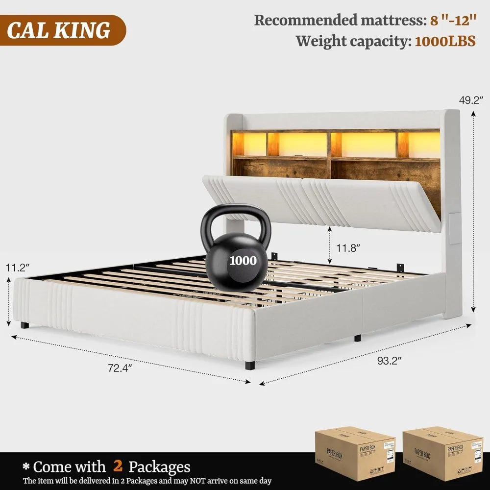 49.2” Tall California King Bed Frames with 4 Storage Drawers, Upholstered Wingback Hidden Storage Headboard