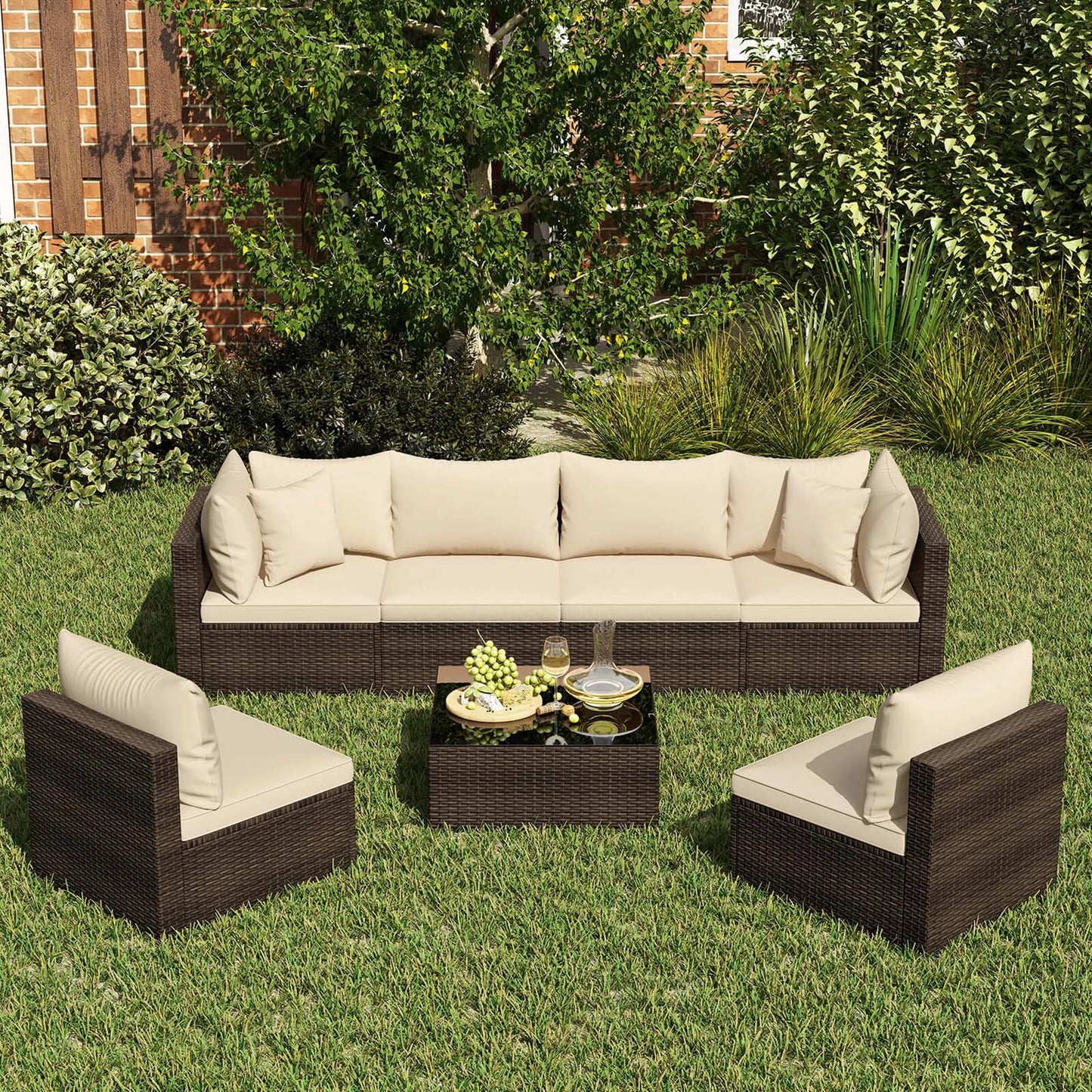 7 Pcs Patio Rattan Furniture Set Cushioned Sectional Sofa