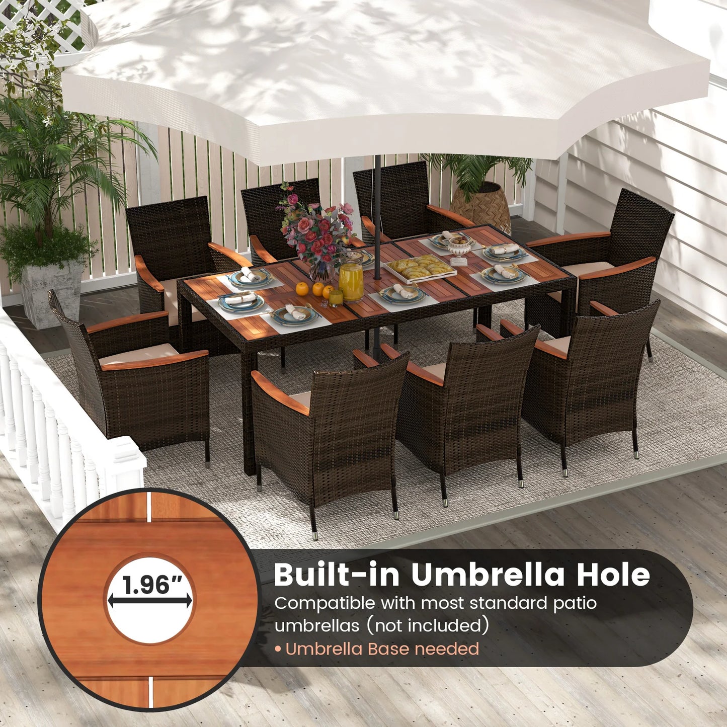 9 Piece Wicker Dining Set Cushions Umbrella Hole Chairs
