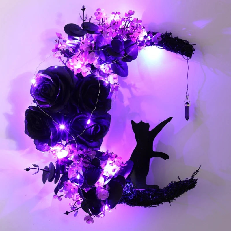 Moon Shaped Door Wreaths Halloween Decorations Welcome Sign Goth Roses Black Cats Garland Front Door Ornament Halloween Signs