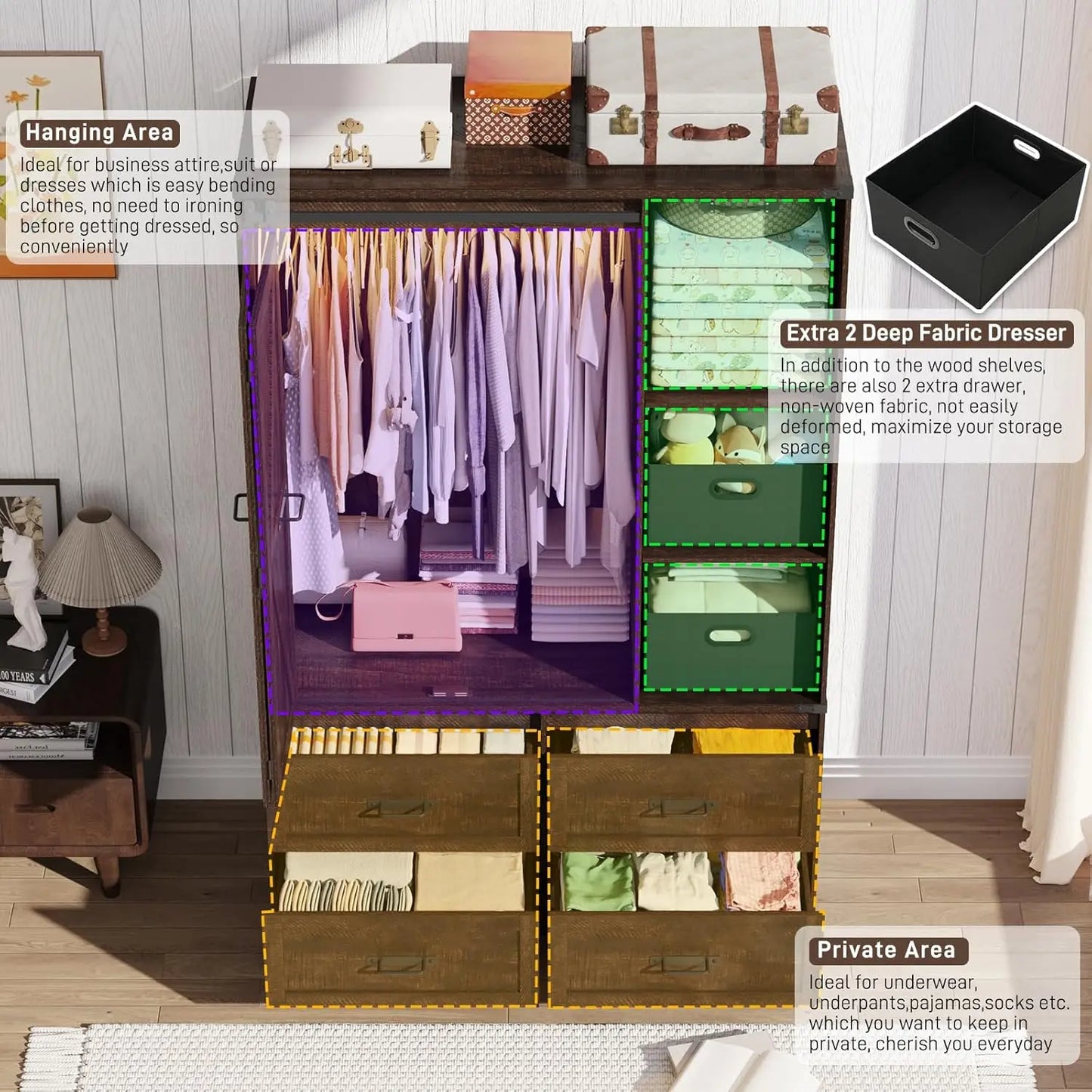 Farmhouse 3-Door Armoire With Sliding Barn Door LED Lighting Drawers