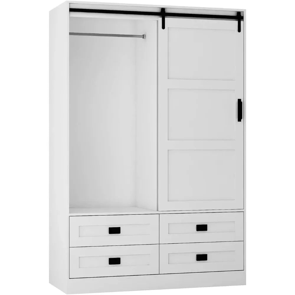 Freestanding Wooden Armoire Wardrobe With Sliding Barn Door And Drawers